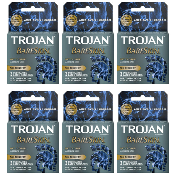 Six 3-count boxes of Trojan Sensitivity BareSkin Lubricated Premium Latex Condoms are arranged in two rows, each box featuring the brand name and product details on the front.